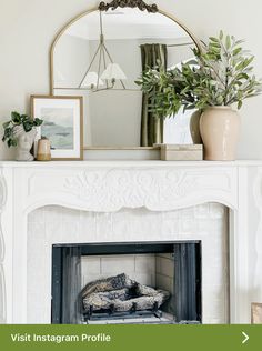 a white fireplace with a mirror and potted plants on it's mantel