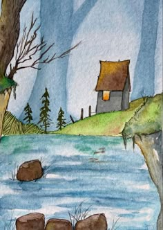 a painting of a house by the water with trees and rocks in front of it