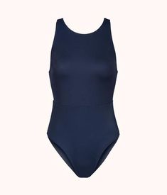 The High Low One Piece: Navy Summer Seamless Athleisure Swimwear, Summer Athleisure Seamless Swimwear, Seamless Athleisure Swimwear For Summer, Solid Color Second-skin Casual Swimwear, Casual Solid Color Tight Fit Swimwear, Casual Second-skin Solid Color Swimwear, Blue Second-skin Swimwear For Poolside, Sporty Second-skin Swimwear For Swimming, Casual Swimwear With Built-in Bra For Swimming