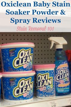 oxiclean baby stain soaker powder and spray bottles on a shelf in a store