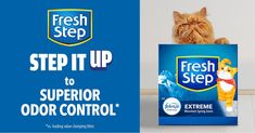 a cat sitting on top of a box with the caption fresh step to supervisor odor control