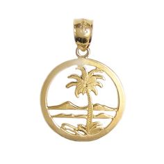 New 14k Yellow Gold Beach Scene Pendant. Manufactured in the United States. Measures approx. 22mm top to bottom with the bail. Measures approx. 17mm wide from side to side. Weighs approx. 1.0 gram. A great addition to nautical fine jewelry collection. Picture enlarged to show detail.  Presented in a gift box. Palm Tree Jewelry, Palm Tree Pendant, Gold Beach, North Hollywood, Tree Pendant, Side A, Beach Scene, Fine Jewelry Collection, Fine Jewellery Necklace