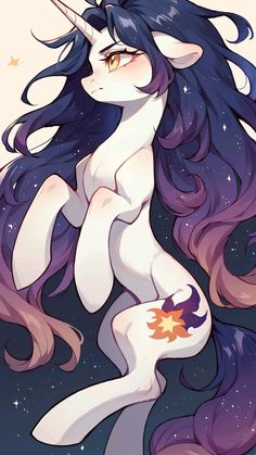 a drawing of a unicorn with long purple hair and stars in the sky behind it