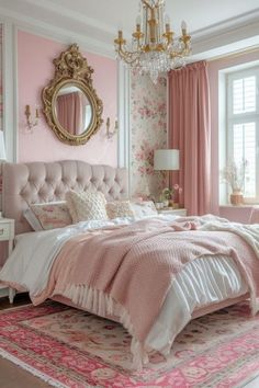 a bedroom with pink walls and white bedding, chandelier, mirror, rugs and curtains