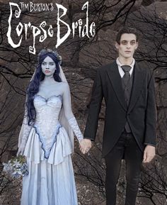 a man and woman dressed up as corpse brides holding hands with trees in the background