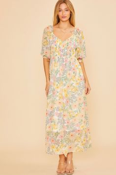 Hello spring and summer with this beautiful smocked, floral maxi dress! Stretchy, Vneck, puff sleeve - snap button closure near chest .. wear off the shoulder or up 100% polyester Size up if bigger chest Patterned Maxi Dress, Smocked Maxi Dress, Purple Maxi Dress, Maxi Dress Pattern, Bridesmaids Dress, Smocked Dress, Hello Spring, Maxi Dress With Sleeves, Dress Ideas