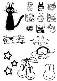 some stickers that are on the side of a white sheet with black and white images