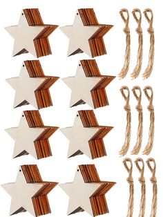 several pieces of string with wooden stars attached to them