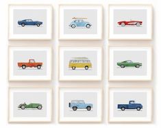 six different colored cars are shown in this set of eight framed art printables