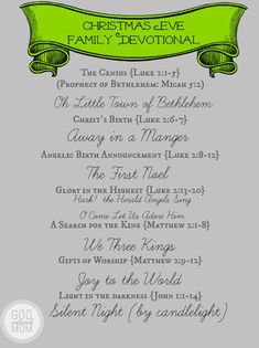 the christmas eve family devotion program with green ribbon and scroll on grey background, in front of