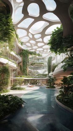 an artist's rendering of the inside of a building with trees and plants growing on it