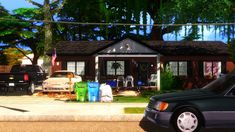 a black car parked in front of a house next to a street with cars and trash cans