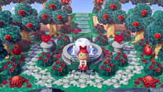 an animal crossing game is shown in the middle of a garden with flowers and trees