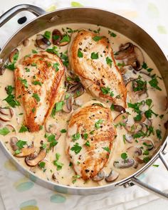 chicken with mushroom sauce in a pan on a table