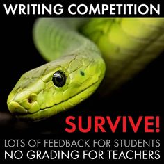 a green snake with the words writing competition survive on it's front and back