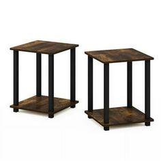 two small wooden tables with metal legs