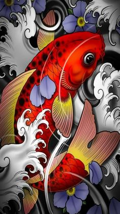 a painting of a koi fish in the water with flowers on it's side