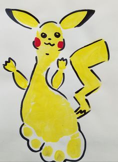 a child's drawing of a yellow pikachu with red eyes and legs