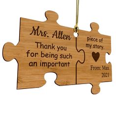 a personalized puzzle piece ornament with the words, thank you for being such an important