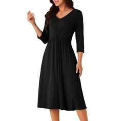 Seta T Women's 2024 Twist Knot Front V Neck 3/4 Sleeve Casual A-line Midi Dress with Pockets. Fashion Style: Long Sleeve/Crewneck/High Waist/Belted/Two Side Pockets/Midi Elegant Dress. Seta T Women's V Neck 3/4 Sleeve Twist Knot Front A-line Wedding Guest Midi Dress. This dress will flatter any body shape, making it a timeless addition to any wardrobe. Its classic design and effortless style make it an essential piece for any fashionista. Fall V-neck Midi Dress With Tie Waist, Midi Elegant Dress, Feminine Rayon Midi Dress With V-neck, Solid V-neck Midi Dress With Button Closure, Wedding Guest Midi Dresses, Black V-neck Midi Dress With Elastane, Black Rayon V-neck Midi Dress, T Dress, Ballet Dress