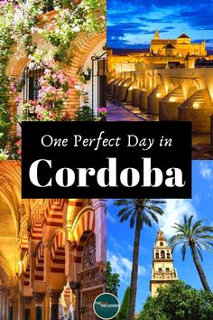 the words one perfect day in coroba surrounded by images of buildings and palm trees