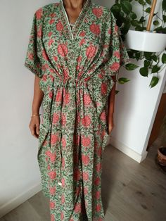 Cotton kaftan Green Bohemian Kaftan With Floral Print, Green Boho Tunic Dress, Traditional Spring Loungewear Dresses, Bohemian Green Kaftan With Kimono Sleeves, Traditional Tunic Dress For Loungewear, Bohemian Green Maxi Kaftan, Green Free Size Kaftan For Loungewear, Summer Bohemian Maxi Dress For Maternity Wear, Bohemian Maxi Dress For Maternity Summer Wear