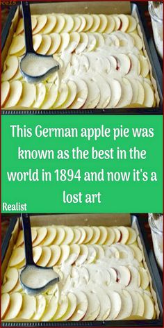 three pans filled with sliced apples on top of a wooden table next to a green sign