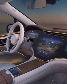 the interior of a car with an electronic dashboard