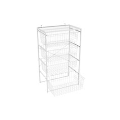 a white wire storage unit with three baskets on the bottom and one shelf below it