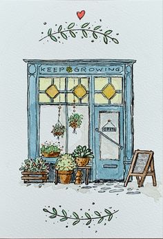 a drawing of a blue store front with potted plants in the window sill