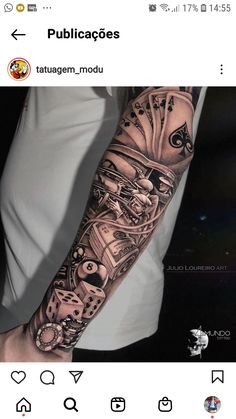 a man's arm is covered in tattoos and has an image of a train on it