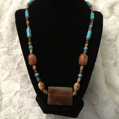 Necklace Bohemian Jewelry With Large Rectangular Beads, Bohemian Brown Rectangular Jewelry, Bohemian Rectangular Necklaces With Colorful Beads, Bohemian Brown Rectangular Necklace, Colorful Beaded Brown Costume Jewelry, Costume Jewelry With Colorful Beads In Brown, Brown Costume Jewelry Necklaces With Colorful Beads, Brown Costume Jewelry With Colorful Beads, Bohemian Necklace With Rectangular Gemstone Beads