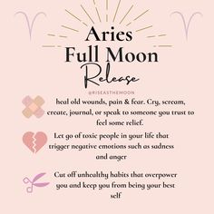 the rules for aris full moon release on pink background with hearts and sunburst