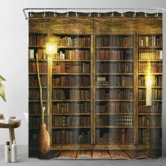 a shower curtain with bookshelves and candles