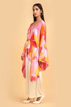 Shop for Label Ivish Pink Pure Silk Charmeuse Satin Kimono Jacket And Trouser Set With Belt for Women Online at Aza Fashions Silk Outerwear With Kimono Sleeves For Spring, Spring Silk Outerwear With Kimono Sleeves, Silk Kimono For Fall, Kimono Jacket And Trouser, Oversized Kimono, Pink Kimono, Satin Kimono, White Trousers, Belt For Women