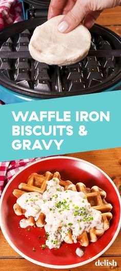 waffle iron biscuits and gravy on a red plate with text overlay