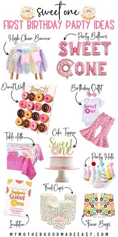 One Year Donut Birthday Party, 1 Year Donut Birthday, Sweet One First Birthday Theme Donut, One Sweet Birthday Party, First Birthday Sweet One Theme, My Sweet One First Birthday, Sweet One Birthday Theme Food, First Birthday Themes For Baby Girl, Sweet 1st Birthday Theme