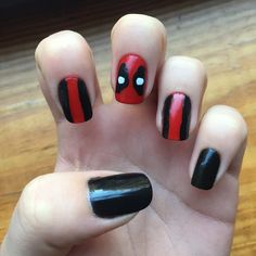 Dc Inspired Nails, Deadpool Nails Simple, Deadpool Inspired Nails, Marvel Themed Nails, Deadpool Nail Art, Deadpool And Wolverine Nails, Deadpool Makeup, Avengers Nail Art