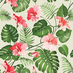 tropical flowers and palm leaves on a light green background seamless wallpaper with red, pink and white flowers