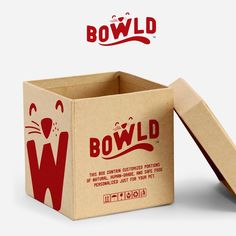 a cardboard box with the word bowld written on it and an image of a cat peeking out from inside