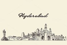 an ink drawing of the skyline of hyderabad