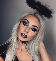 Fallen Angel Aesthetic Makeup, Black Angel Makeup Looks Halloween, Dark Angel Eye Makeup, Dark Angel Halloween Costume Eye Makeup, Halloween Makeup Dark Angel, Angel Make Up Ideas, Dark Angel Makeup Looks Halloween, Dark Angel Costume Diy, Fallen Angel Costume Makeup