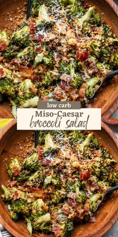 two wooden plates filled with broccoli and other food on top of a table