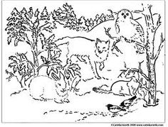 a black and white drawing of animals in the woods