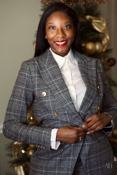 Black woman with long hair wearing red lipstick and a plaid blazer with gold crest buttons African American Women, Princess Seam, Black Plaid, Up Shirt, Banana Republic, Double Breasted, African American, Plaid, Women Wear