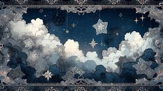 the sky is filled with clouds and stars, as well as an ornate border around it