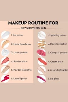 Discover the perfect Makeup Routine for Oily Skin and Dry Skin! 💄✨ Say goodbye to shine and flakiness as I share expert tips and product recommendations to achieve a flawless, long-lasting look. Embrace your unique skin type and enhance your beauty! #MakeupRoutine #OilySkin #DrySkin #FlawlessLook #BeautyTips" Makeup For Skin Types, Makeup Routine Oily Skin, Makeup Tips For Dry Skin Faces, Matte Makeup For Oily Skin, Make Up Routine For Oily Skin, Makeup Routine Dry Skin, Makeup Routine For Oily Skin Daily, Makeup Tips For Oily Skin How To Apply, Make Up Products For Oily Skin