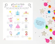 the princess scavenger hunt printable is surrounded by confetti and candies