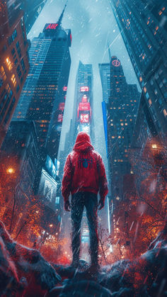 a man standing in the middle of a city with skyscrapers on both sides and snow falling all around him