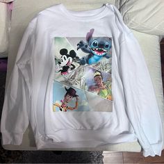 White Disney 100 Long Sleeve Pullover Sweater Never Worn White Disney Crew Neck Sweatshirt, White Disney Cotton Sweatshirt, Disney Long Sleeve Sweatshirt For Streetwear, White Disney Long Sleeve Sweatshirt, Disney Character Print Long Sleeve Sweatshirt, Disney Tops, Long Sleeve Pullover Sweater, Colorful Sweaters, Crew Neck Sweater